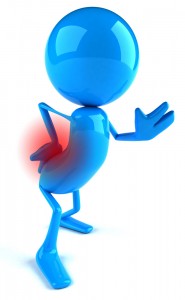 Blue cartoon man with back pain