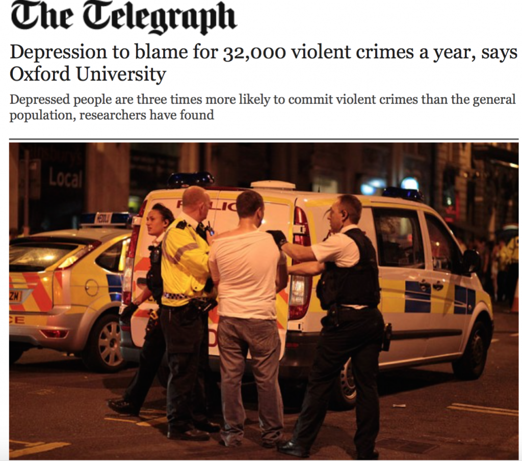 The Telegraph headline suggested a direct causal relationship between depression and 32,000 violent crimes.