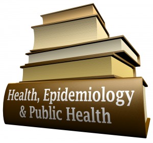 Pile of books, with the bottom one called Health, Epidemiology, & Public Health