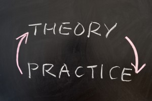 Blackboard with the words theory and practice on it