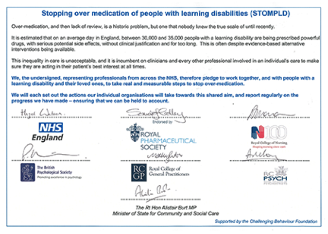 STOMPLD pledge was signed by the Royal Colleges of Nursing, Psychiatrists and GPs, as well as the Royal Pharmaceutical Society, the British Psychological Society and NHS England.