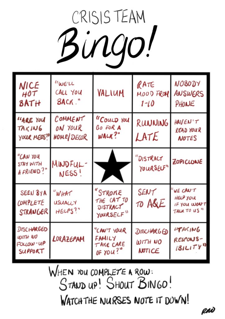 The Crisis Team Bingo Card by Rachel Rowan Olive.