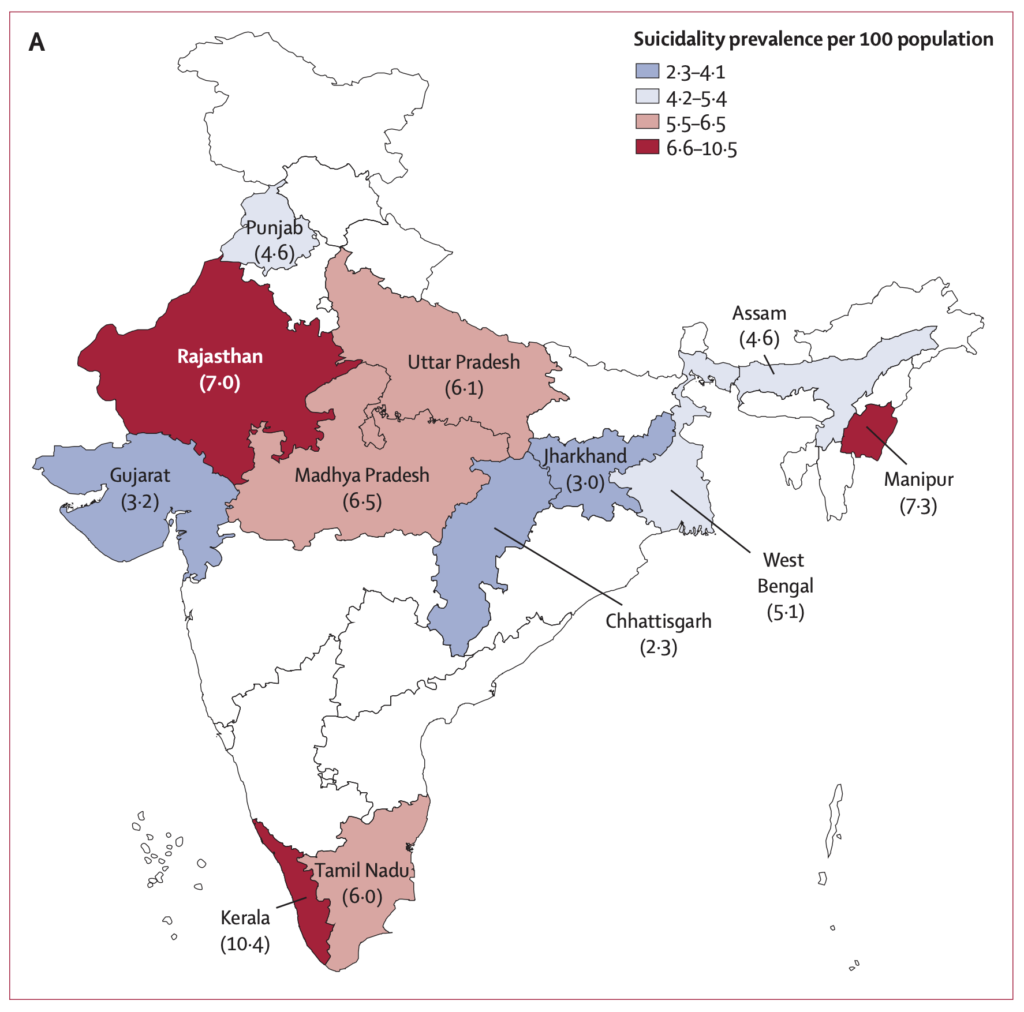 Figure 3: Weighted and age-standardised prevalence of suicidality and suicide deaths by state in India, 2015 (A) Suicidality prevalence per 100 population
