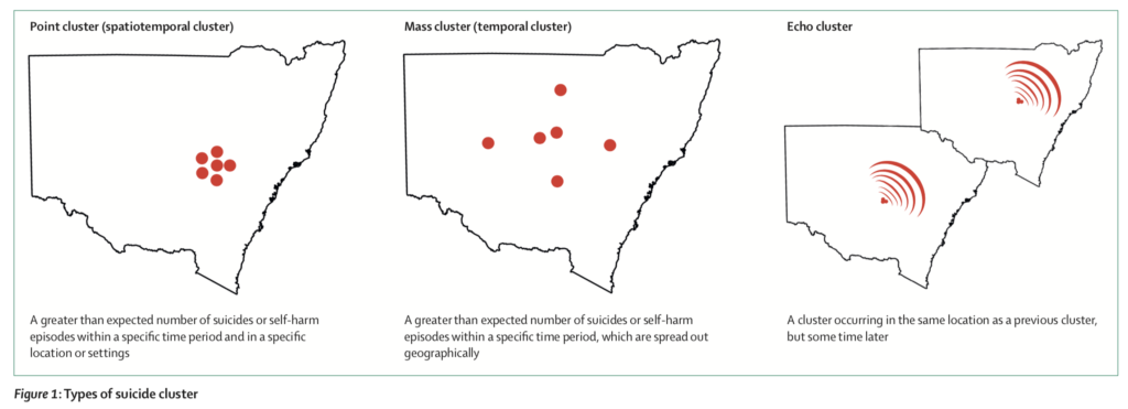 There are different types of suicide clusters: point, mass and echo clusters.
