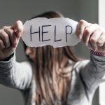 Help,,Teenager,With,Help,Sign.,Girl,Holding,A,Paper,With