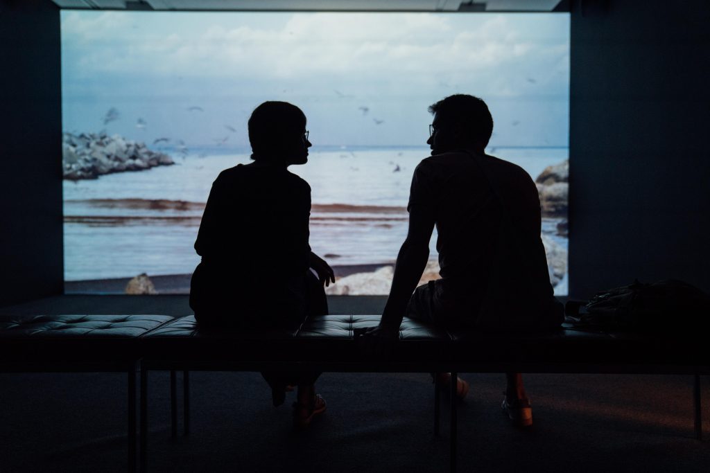 A couple are silhouetted in front of a snowy scene