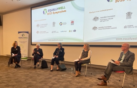 Panel discussion on policy to practice. From left to right: Cat Goodwin, Ruth Vine, Tricia O’Riordan, Carolynne White, Russell Roberts. 