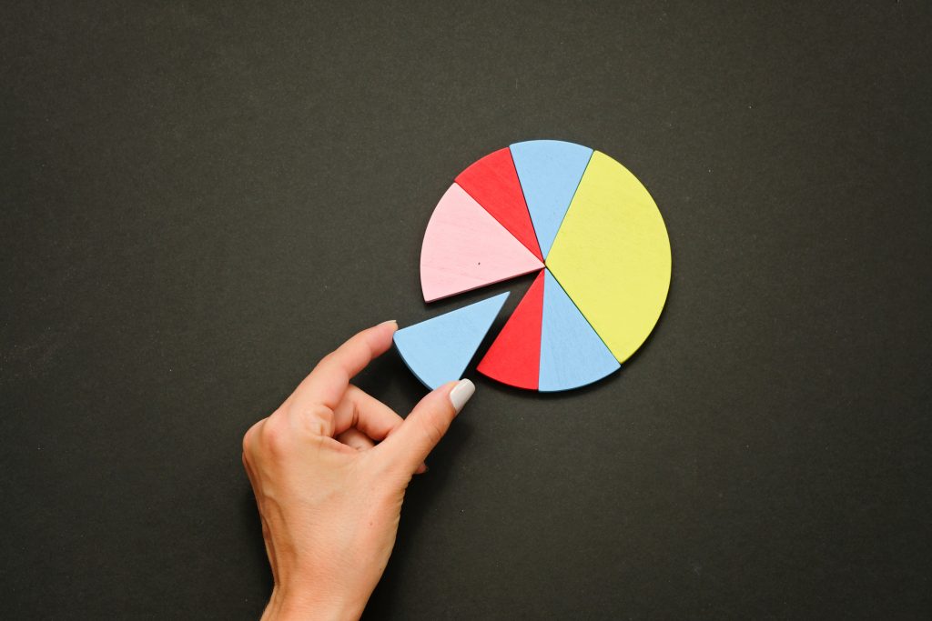 A multicoloured pie chart, a hand picks up a light blue piece of the pie chart and lifts it away.