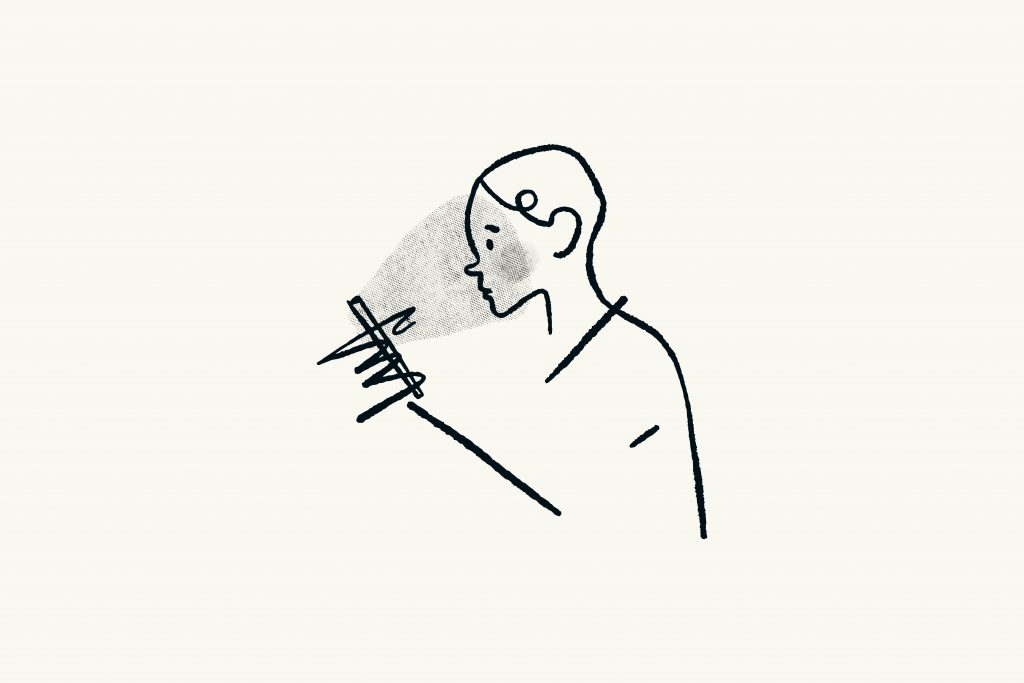 a black line drawing of a person with short hair looking at a scribbled out phone