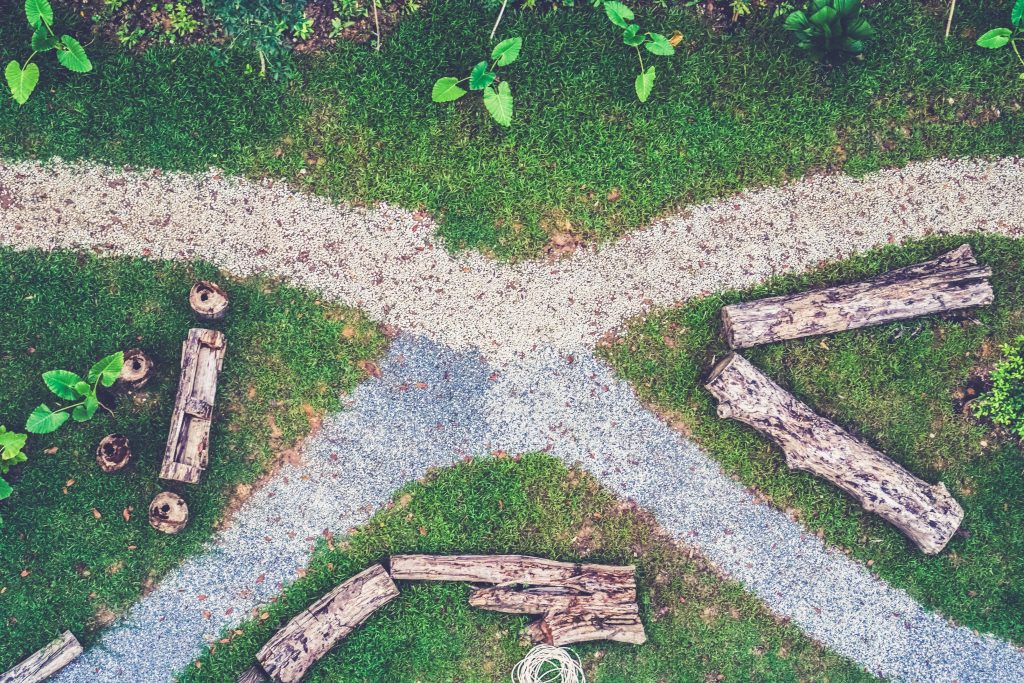 pathways in a garden cross each other at an intersection