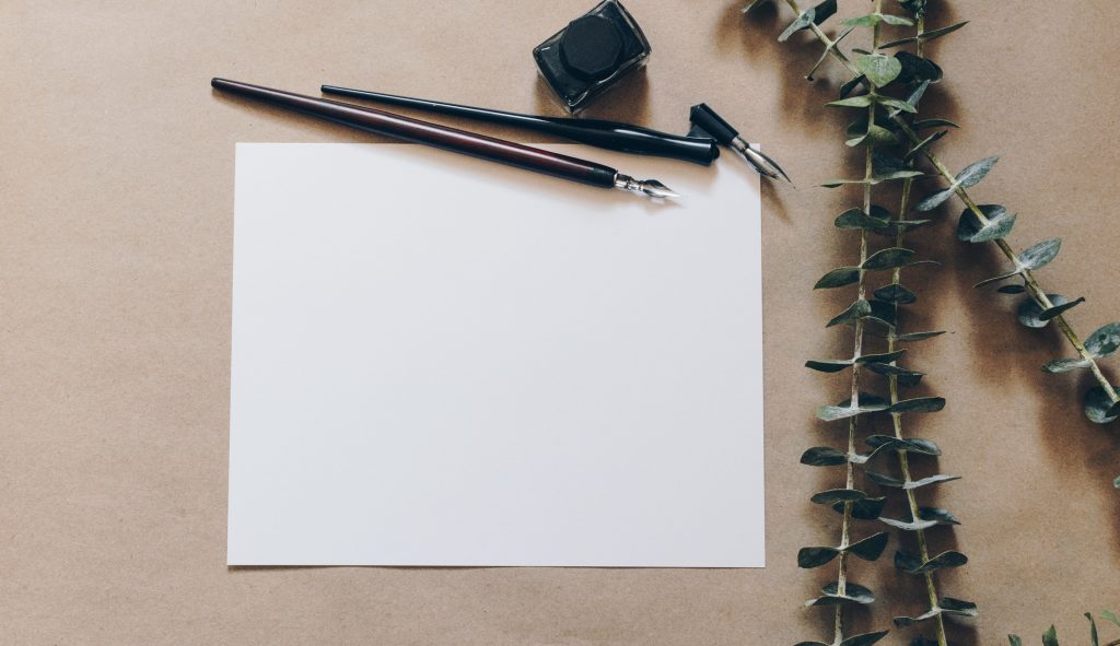 a blank canvas with ink pens resting at the top and a branch of eucalyptus down the right 