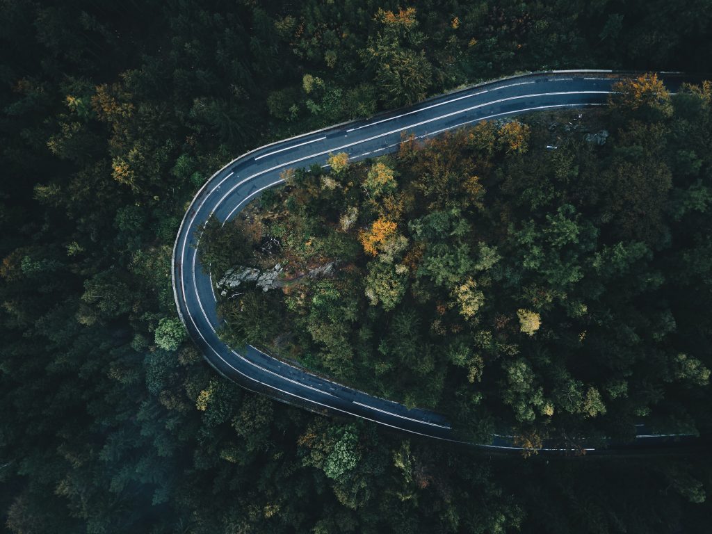 an aerial view of a road through a forest U-turns