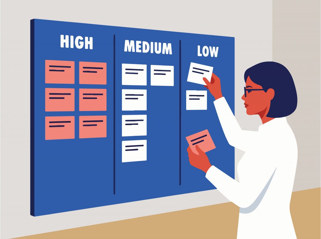 High, medium and low graphic with health professional pinning notes on a noticeboard