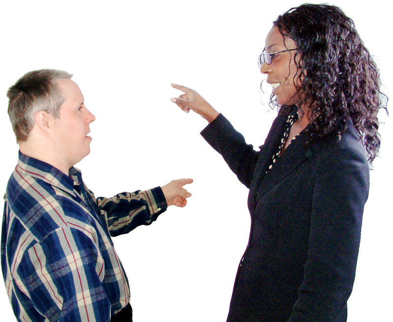 Two people pointing