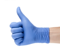 Picture of a hand wearing a surgical glove and making a thumbs-up sign