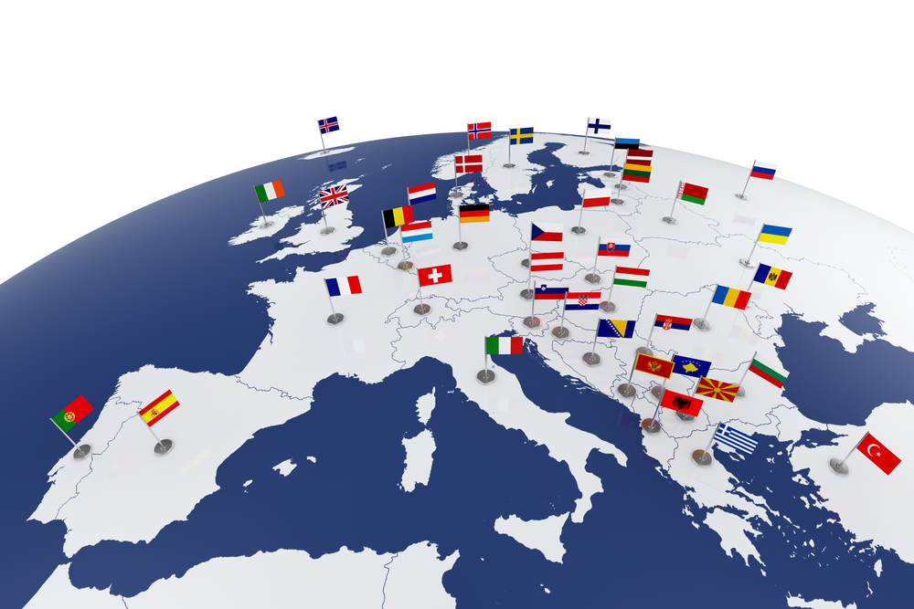 Map of Europe with flags identifying each country