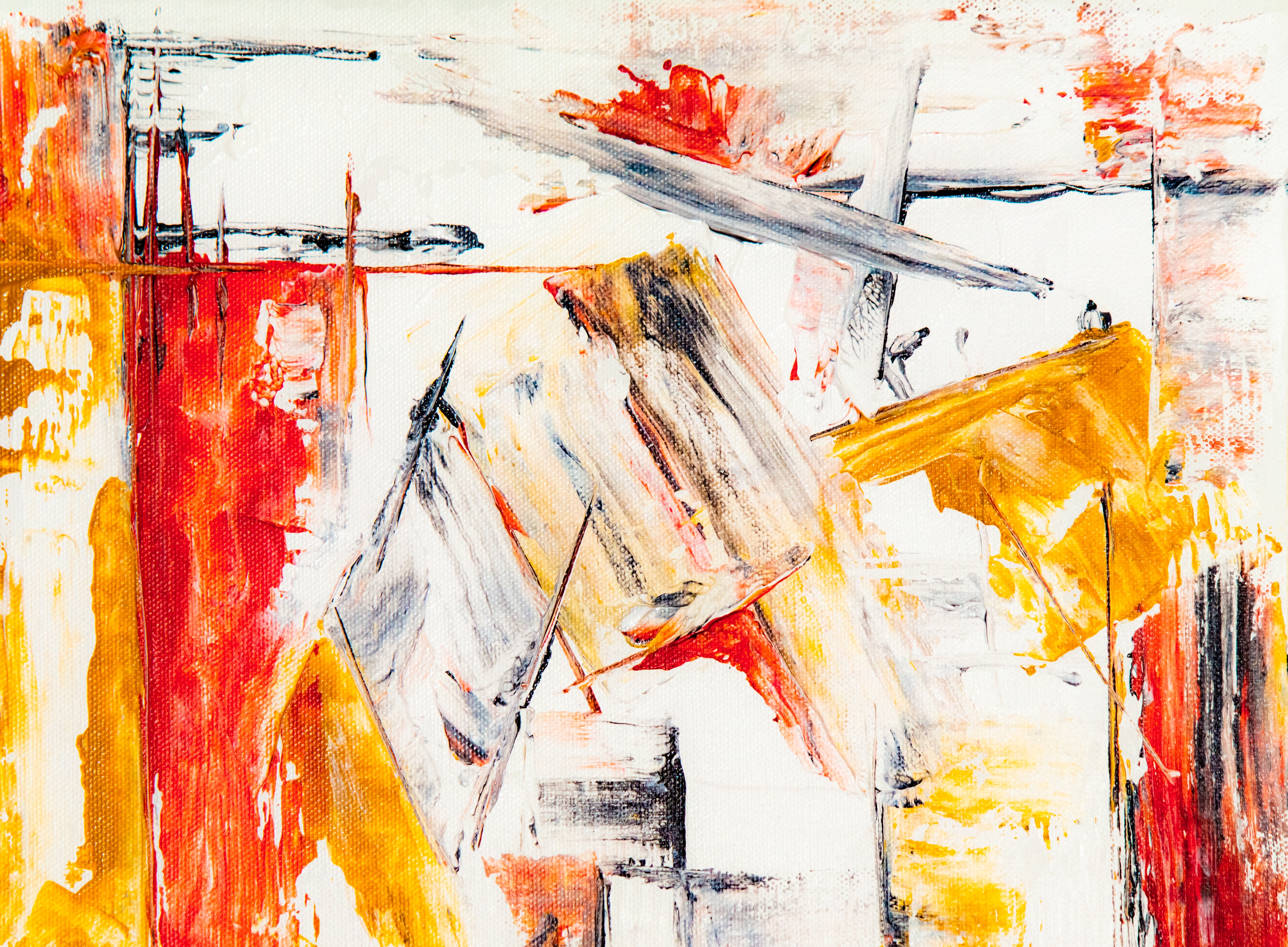 abstract art piece with red, orange, yellow, black and white paint
