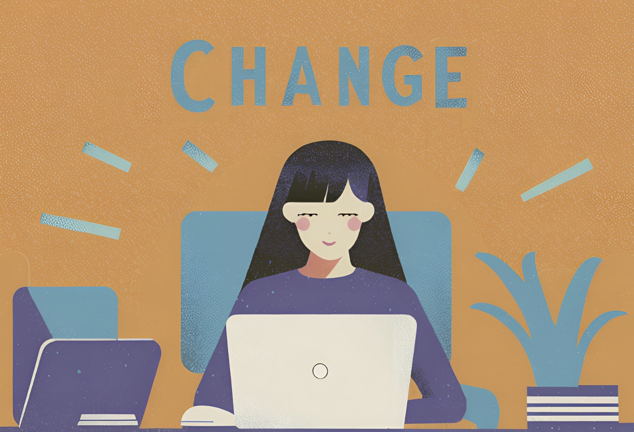 Teenage girl working on laptop with the word CHANGE