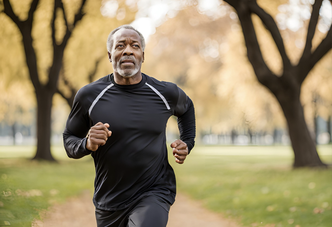 Middle aged Black man jogging in the park