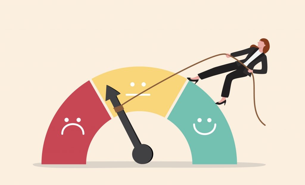 Illustration of business woman pulling leaver from sad to happy