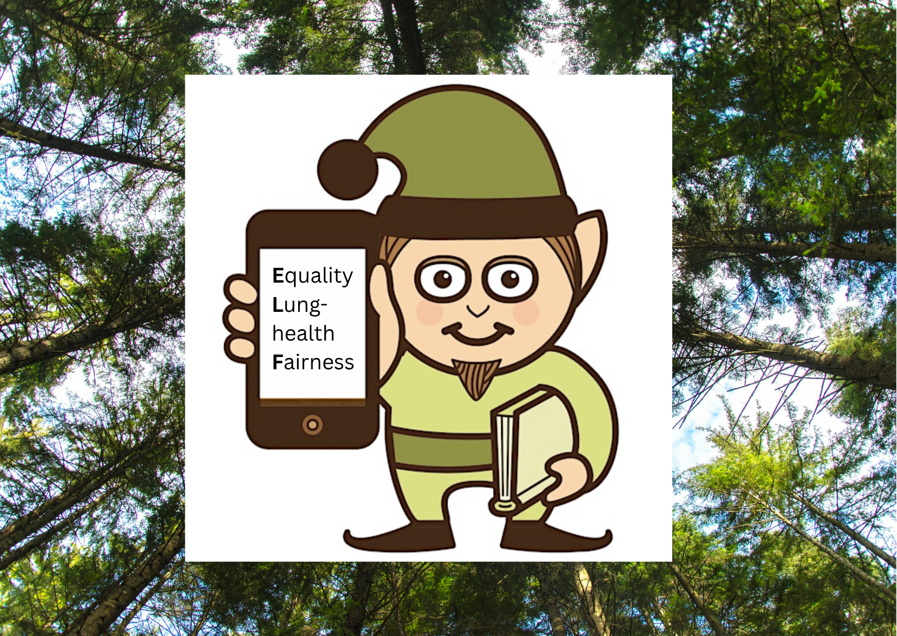 The mental elf holding a phone with the words equality, lung health and fairness
