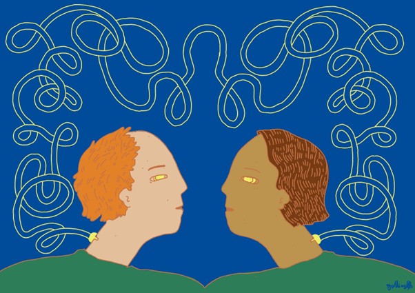 An illustration of two people looking at each other. A wire loops around the image, connecting the two people from sockets in their necks.