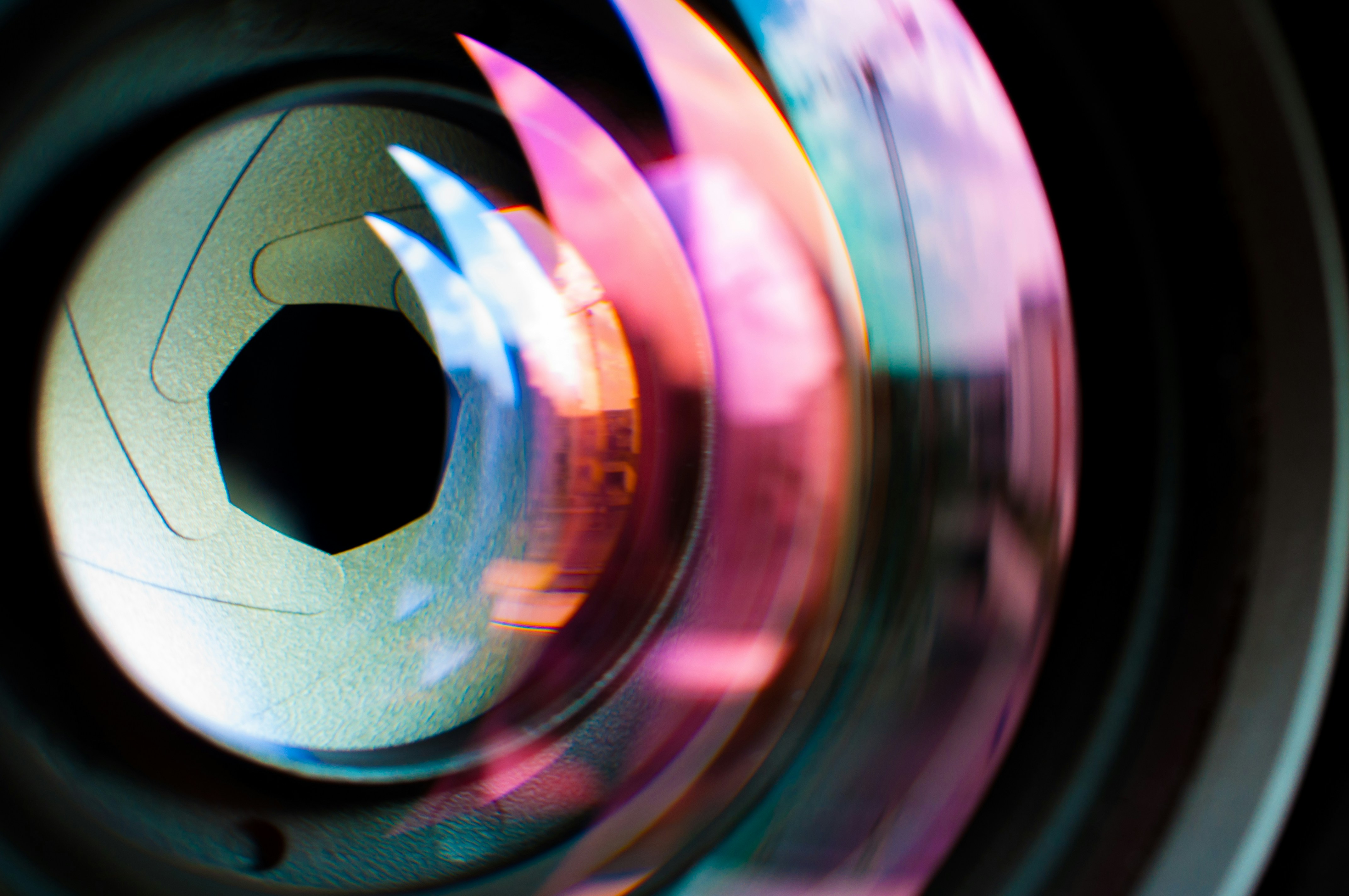 A camera lens and shutter in close up