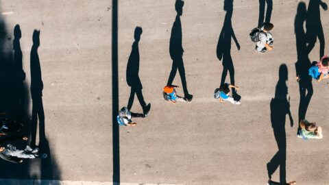 People walking on a street pictured from above with long shadows