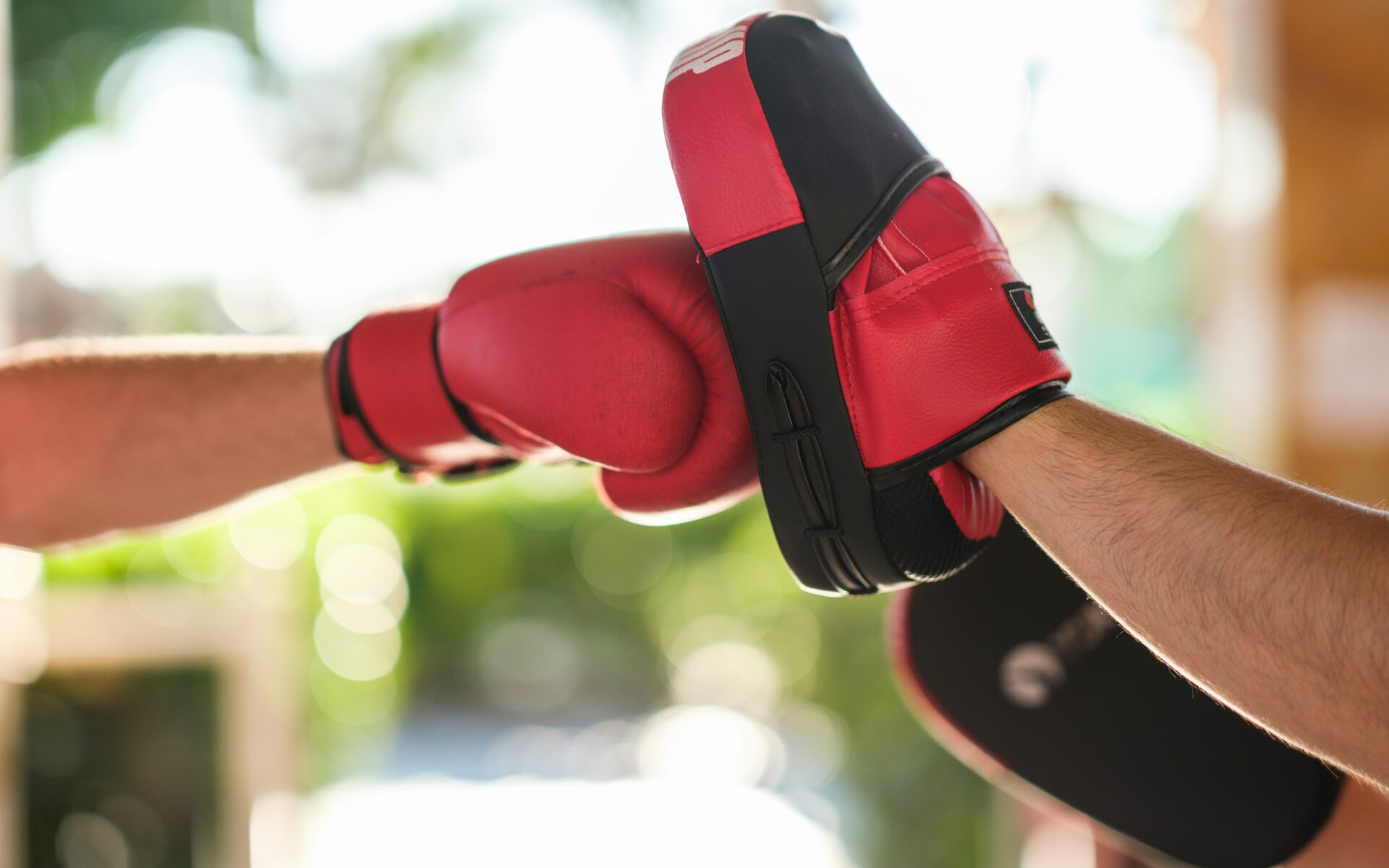 Boxing gloved hand punches a pad